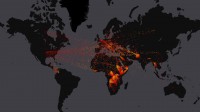 2000年到2016年间全球难民的流动情况 (© Map visualization: Records from UNHCR/EarthTime visualization by Carnegie Mellon CREATE Lab)