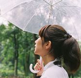 下雨天 树林小道打伞的女孩
