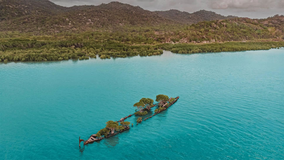 航拍生长着树木的遇难船“阿德莱德市”残骸，澳大利亚磁岛 (© Amazing Aerial Agency/Offset by Shutterstock)