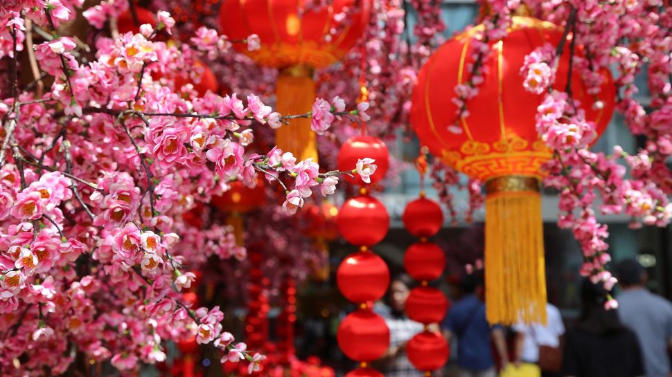 春节的桃花和红灯笼 (© David Ng+EyeEm/Getty Images)