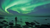 在乌塔克雷夫海滩拍摄的北极光，挪威 (© David Clapp/Getty Images)